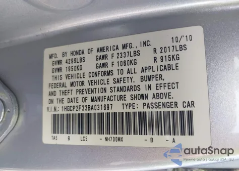 2011 Honda Accord 2.4 Lx z USA, uszkodzony, nr VIN 1HGCP2F33BA031697